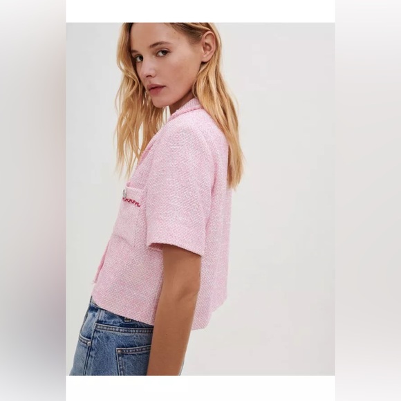 NWT Maje Virosa Cropped Fine Tweed Jacket In Pink - Picture 2 of 8